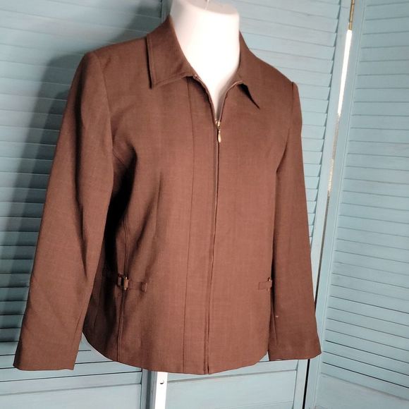 Alfred Dunner Petite Classy Zip Up Blazer Jacket Sz 10P Brown Long Sleeve - Picture 2 of 5